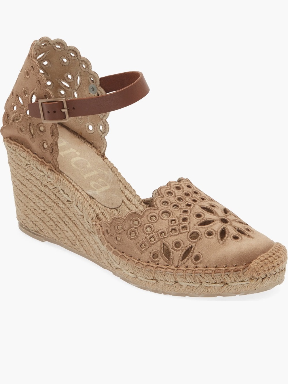 Eyelet Espadrille Wedge Sandal in Tan with Ankle Strap Pedro Garcia